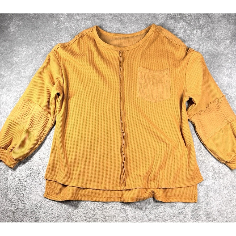Mustard Yellow Waffle Knit Long Sleeve Top Pocket Raw Hem‎ Size L